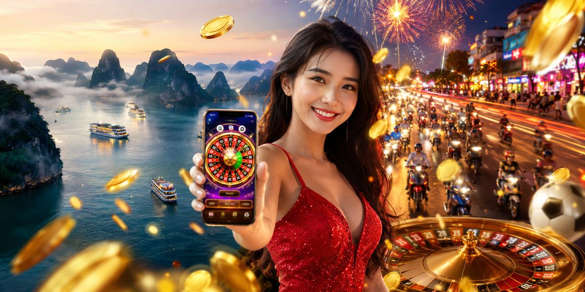 Màn hình hiển thị tỷ lệ kèo thể thao neon trên nền vịnh Hạ Long về đêm