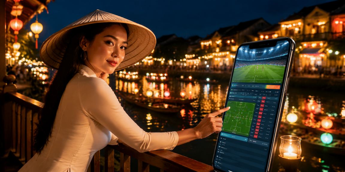 Người chơi mặc áo dài đội nón lá dùng điện thoại xem kèo thể thao tại phố cổ Hội An